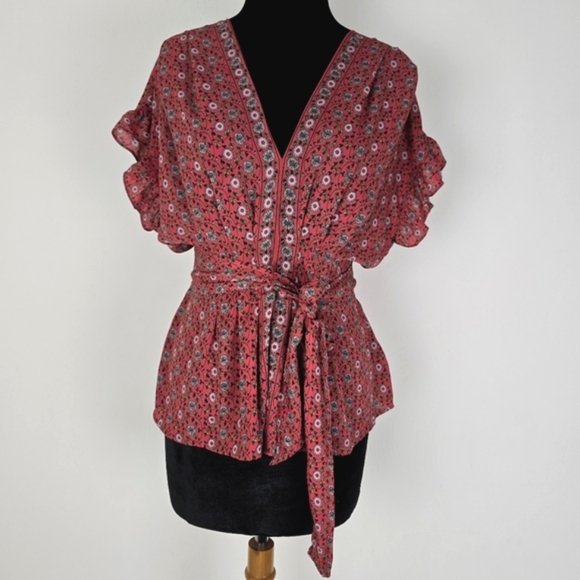 Max Studio Printed smocked waist, tie waist ruffle sleeve blouse - Picture 1 of 10